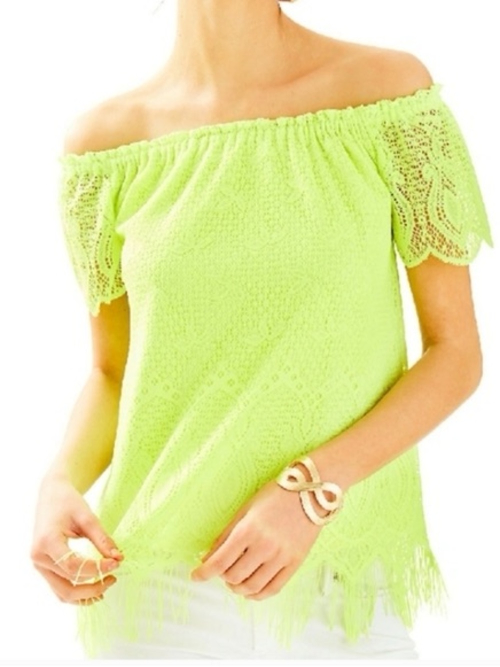 LILLY PULITZER Marble Lace Top Beach Bliss Fringe Lace Loro Green NWT Size M
